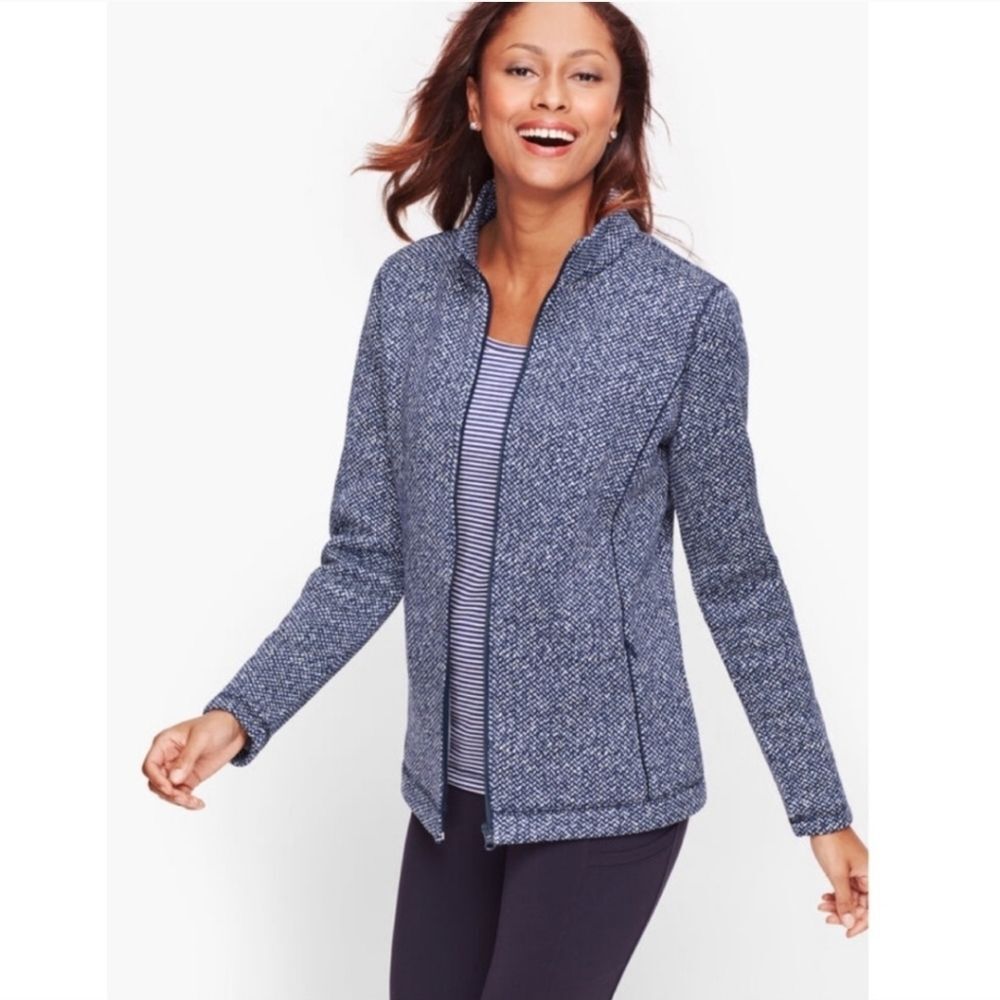 EUC T by Talbots Textured Knit Herringbone Full Zip Fleece Lined Jacket SZ Large
